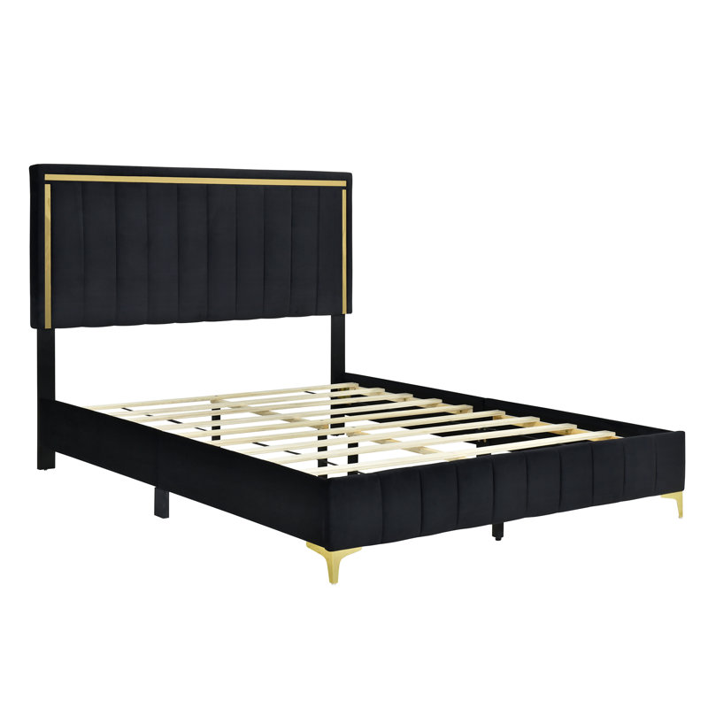 Mercer41 Memarie Velvet Queen Upholstered Platform Bed with Gold Legs